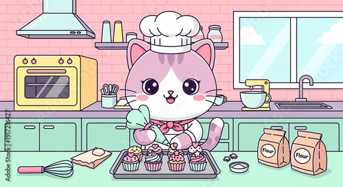 cartoon cat baking cupcakes in kitchen
