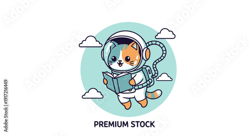cartoon cat in astronaut suit and helmet flying in space
