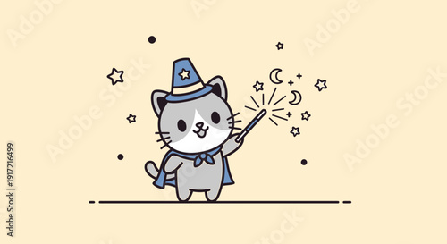 Cartoon cat wizard with magic wand and stars
