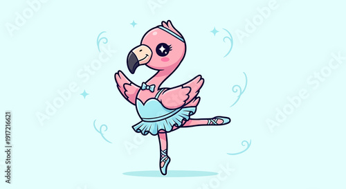 Cartoon pink flamingo ballerina dancing on light blue background