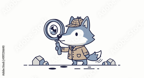 cartoon wolf detective with magnifying glass