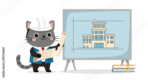 cat architect presenting building plans