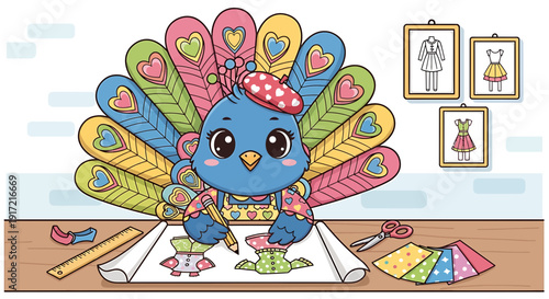 Colorful peacock drawing with fashion designs