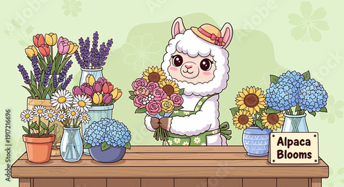 Cute alpaca with colorful flowers on wooden table
