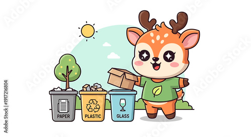 Cute deer cartoon character recycling