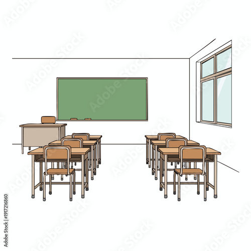Empty Classroom with Chalkboard and Desks