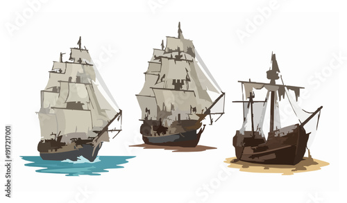 Set of sailing ships from new to abandoned vector illustration isolated on white background