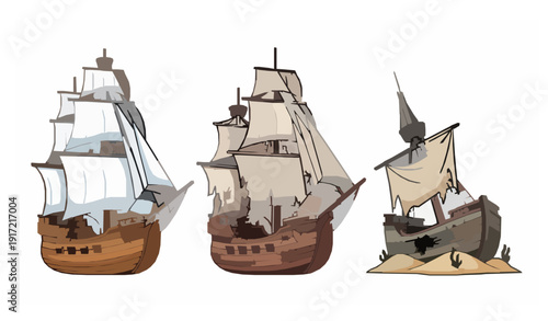 Cartoon sailing ships in stages of decay vector set isolated on white background