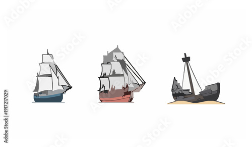 Sailing ship aging stages flat vector set isolated on white background