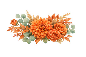 Autumn dahlia, roses, eucalyptus and dried pampas arrangement. Watercolor fall floral bouquet on transparent background