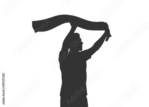 Soccer fan silhouette holding scarf or banner cheering isolated on white background vector design.