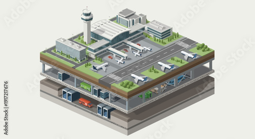 Isometric Cross Section View of a Modern Airport with Underground Infrastructure.