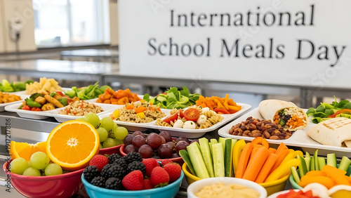 Vibrant school meal display for International School Meals Day celebration