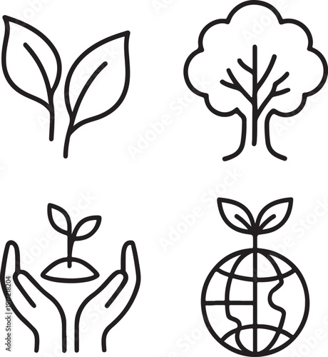 Four distinct illustrations representing nature, growth, and environmental care isolated on white background, illustration