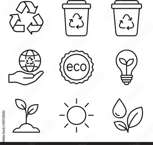 Collection of icons representing recycling, sustainability, and environmental awareness isolated on white background, illustration