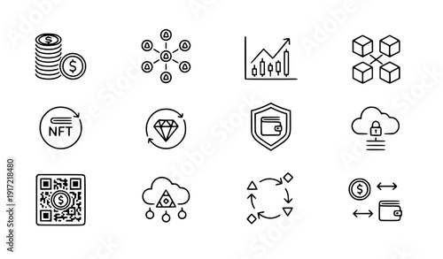 Finance and blockchain concepts flat design vector illustration set with cryptocurrency, NFT, security, and investment icons