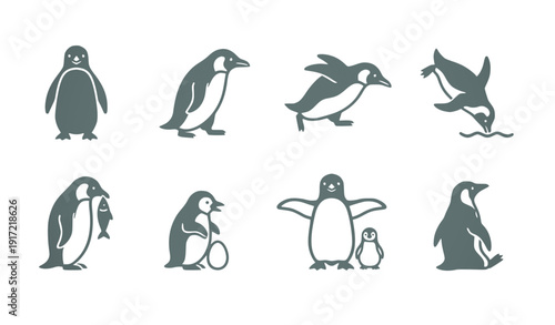 Penguin Set Vector Illustration: Diverse Actions, Cute Flat Design Graphics