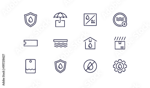Waterproof Icons Set: Shield, Umbrella, Humidity, Waves, House, Box - Flat Design Vector