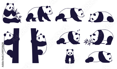 Cute Panda Set: Diverse Poses & Activities, Flat Design Vector Illustration
