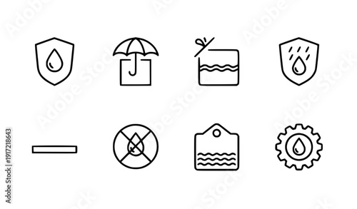 Waterproof Icons Collection: Shield, Umbrella, Gear, Droplet, Flat Design Vector Illustration