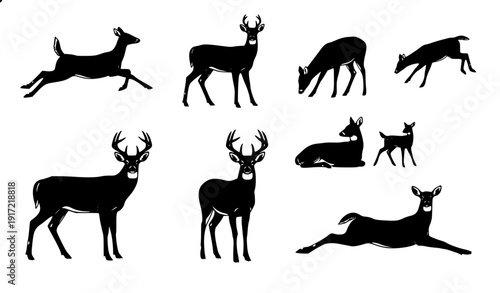 Set of deer and fawn running standing walking lying flat design vector illustration