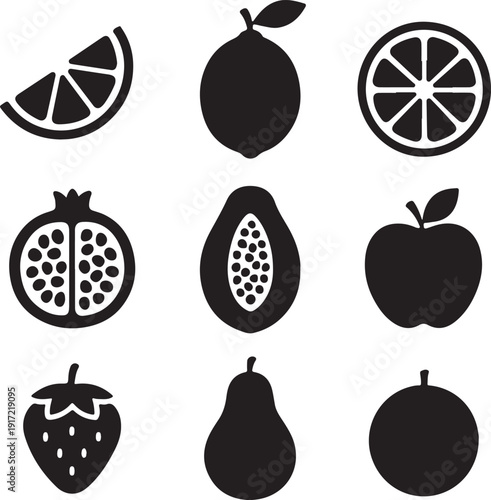 Assorted fruit icons showcasing a variety of popular fruits in a minimalist design isolated on white background, illustration