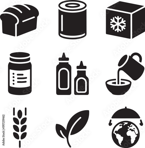 Assorted icons representing various food items and their sources isolated on white background, illustration