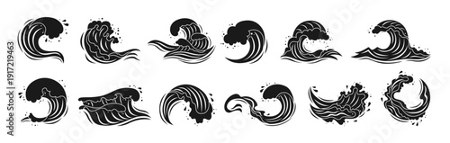 Sea wave silhouette set with various water splashes, flowing waves and abstract ocean shapes. Wave icons graphic dynamic liquid motion, modern marine elements and fluid aquatic forms illustration