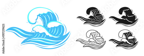 Sea Tsunami wave for logo. Water splashes, flowing abstract ocean linear and silhouette set. Wave beach icons graphic dynamic liquid motion, modern marine elements and fluid aquatic forms illustration