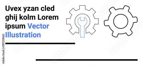 Maintenance, engineering, process management, technology, industrial tools, collaboration. Two gears with a wrench design and placeholder text. Maintenance and engineering concept