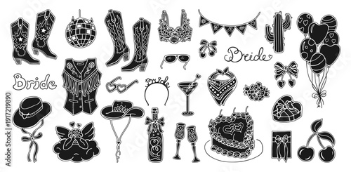 Hand drawn cowgirl and cowboy stamp illustration set in coquette stencil. Vintage whimsical western symbols with bows boots, hats cactus. Cute retro line art playful Texas charm trendy girly aesthetic