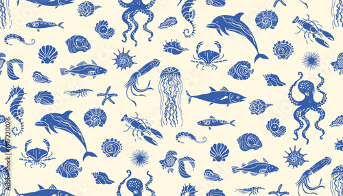 Underwater Marine Life Grunge Hand Drawn Seamless Pattern, Ocean Stamp Mediterranean Silhouette. Octopus, seahorse shell fish crab, lobster starfish seashells coastal ocean retro mood Background