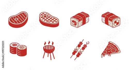 Japanese and International Food Icon Set: Sushi, Steak, Grilled Yakitori, and Pizza Slice Isometric Illustrations