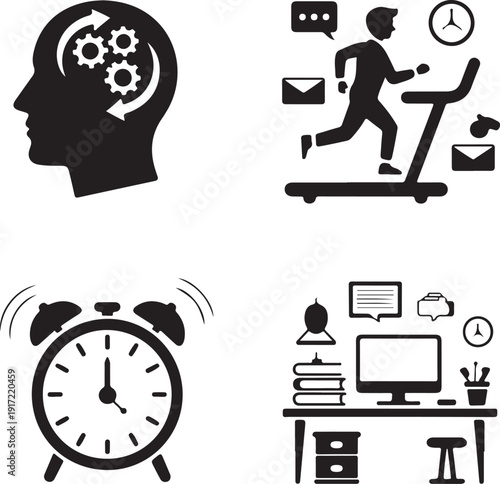 Illustrations of mental and physical health, work, and rest isolated on white background, illustration