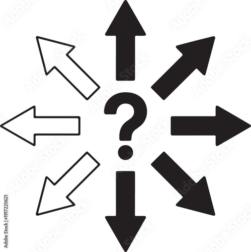 A central question mark with arrows pointing in various directions. isolated on white background, illustration