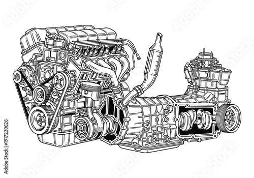 Detailed vector illustration of an internal combustion engine and transmission