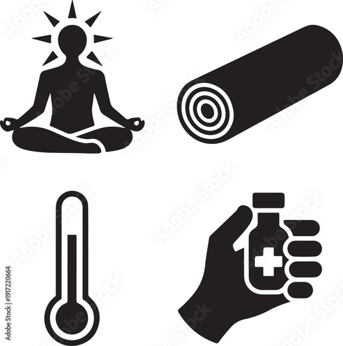 Wellness icons representing yoga, exercise, and healthcare concepts. isolated on white background, illustration