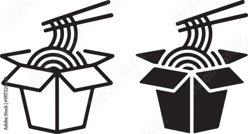 Two open boxes with chopsticks and noodles in a simple black and white illustration isolated on white background, illustration