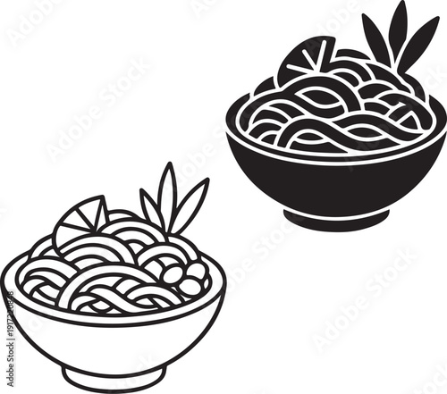 Two bowls of pad thai noodles with different toppings and garnishes isolated on white background, illustration