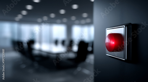 An illuminated emergency button hangs on the wall in a conference room. The red light glows prominently