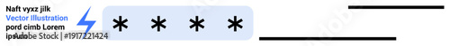 Cybersecurity, user authentication, password management, digital security, data protection, website security. Hidden password input field with asterisk symbols. Cybersecurity and user authentication
