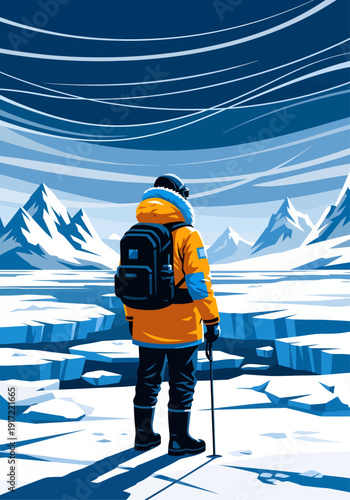 Standing on the brink of the frozen unknown, a solitary traveler in an orange parka surveys the cracked glacial path leading toward sharp mountain summits under the sweeping curves of a winter sky