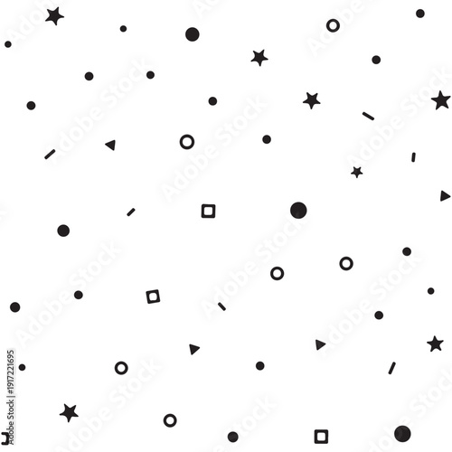 A diverse collection of black geometric shapes scattered across a white background