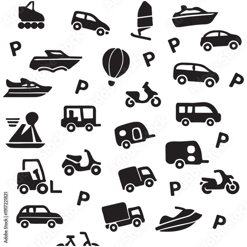 Assorted black and white icons of various vehicles and transportation methods