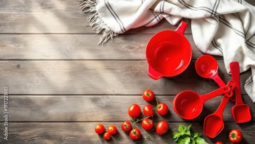 Red cooking utensils, fresh cherry tomatoes, and herbs on rustic wooden kitchen table
