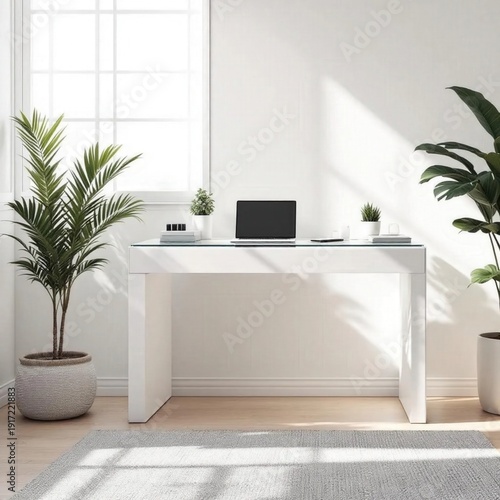 Modern Home Office Interior with Minimalist White Desk, Laptop, and Green Plants in Natural Light