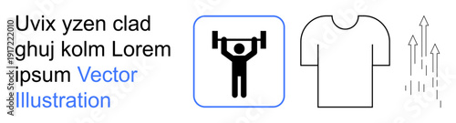 Fitness, fashion, growth, physical strength, sports , and progress . Weightlifting icon, T-shirt outline and arrows indicating progress. Fitness and fashion concepts