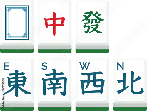 Mahjong wind and dragon tile set flat vector illustration