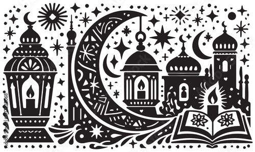 Intricate black and white illustration of a mystical middle eastern cityscape at night