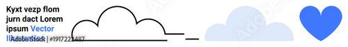 Weather, minimalism, transition, design evolution, creativity, simplicity. A cloud transitions from outline to filled shape beside a blue heart icon. Weather and minimalism concept